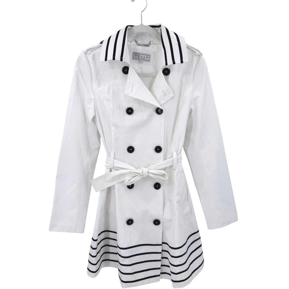 Pelle Studio White Nautical Striped Double Breasted Belted Trench Coat Small